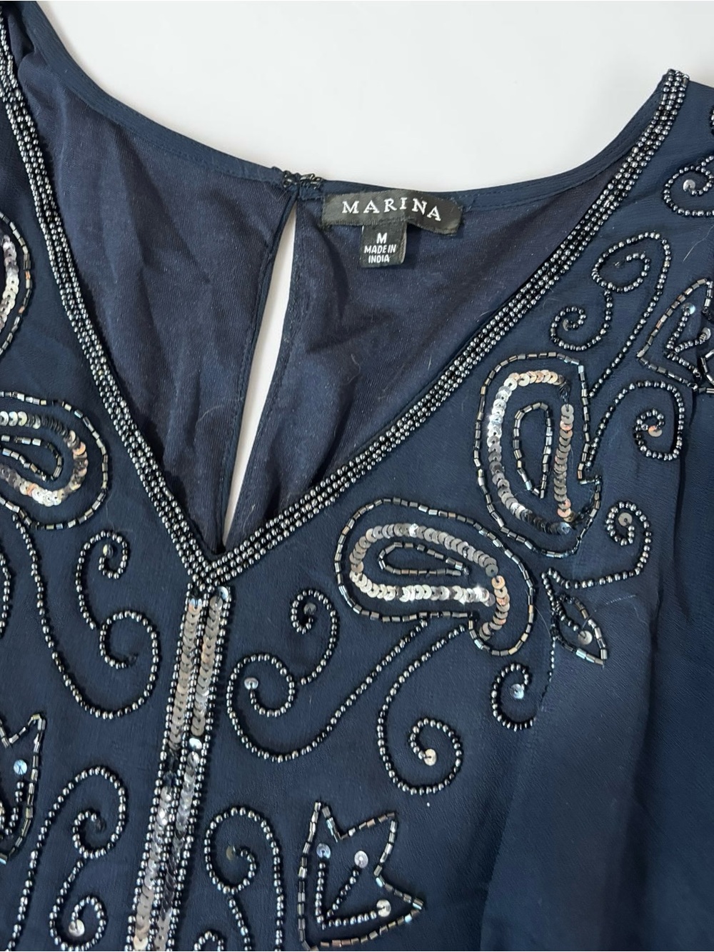 Marina Navy Sheer Beaded Sequin Tunic Top Bedazzled Y2K Glam M - Picture 4 of 12